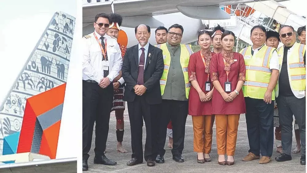 Dimapur हवाई अड्डे पर एआई एक्सप्रेस के त्सुंगकोटेप्सु लिवरी विमान का स्वागत किया