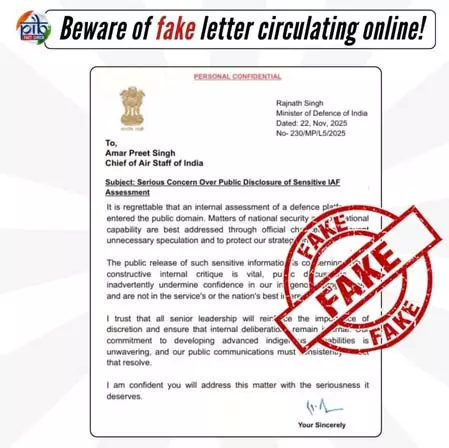 सावधान! फर्जी वायरल हो रहा रक्षा मंत्री राजनाथ सिंह का पत्र, पीआईबी ने किया फैक्ट चेक सावधान! फर्जी वायरल हो रहा रक्षा मंत्री राजनाथ सिंह का पत्र, पीआईबी ने किया फैक्ट चेक
