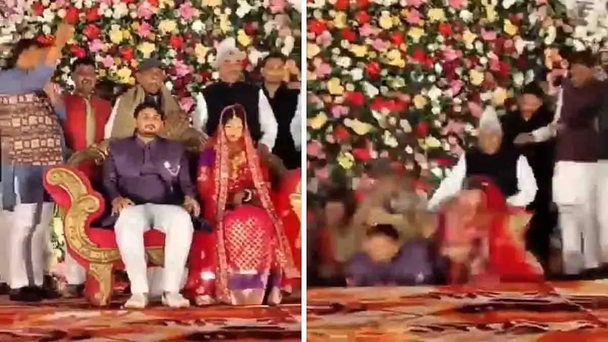Ballia में शादी में स्टेज गिरा, BJP नेताओं ने जोड़े को आशीर्वाद दिया Ballia में शादी में स्टेज गिरा, BJP नेताओं ने जोड़े को आशीर्वाद दिया