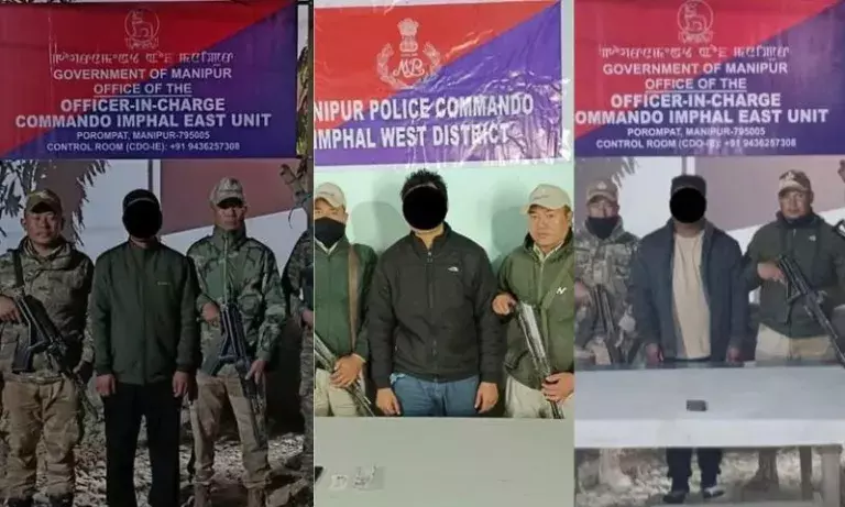 Manipur पुलिस की बड़ी कार्रवाई, जबरन वसूली में शामिल तीन G-5 कैडर हिरासत में Manipur पुलिस की बड़ी कार्रवाई, जबरन वसूली में शामिल तीन G-5 कैडर हिरासत में