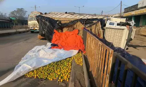 क्योंझर में तेज रफ्तार ट्रक की टक्कर से संतरों से लदा ट्रक NH-49 पर पलट गया