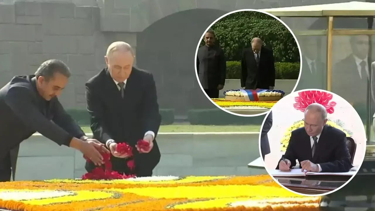 रूस के प्रेसिडेंट व्लादिमीर पुतिन ने राजधानी के राजघाट पर महात्मा गांधी को दी श्रद्धांजलि रूस के प्रेसिडेंट व्लादिमीर पुतिन ने राजधानी के राजघाट पर महात्मा गांधी को दी श्रद्धांजलि