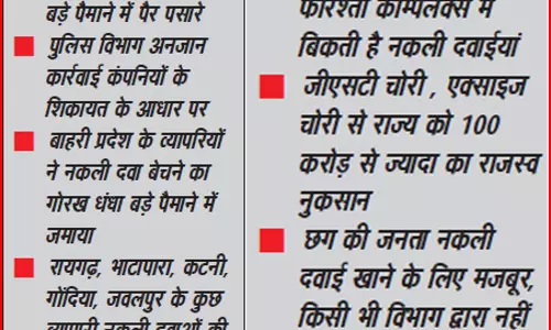 छत्तीसगढ़ में बिक रही नकली दवाइयां, करोड़ों की जीएसटी की चोरी छत्तीसगढ़ में बिक रही नकली दवाइयां, करोड़ों की जीएसटी की चोरी