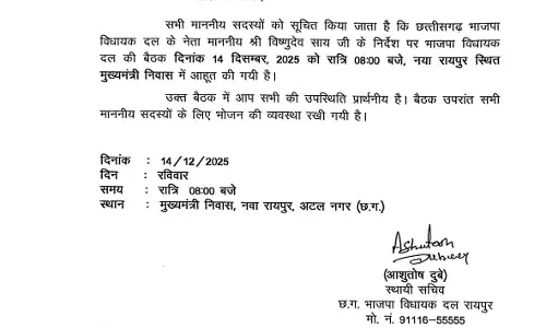 नवा रायपुर CM निवास में भाजपा विधायक दल की बैठक कल नवा रायपुर CM निवास में भाजपा विधायक दल की बैठक कल