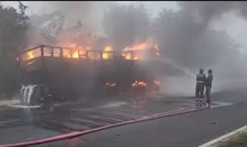 Bulandshahr: हाईवे पर ट्रक में लगी आग, लाखों का सामान जलकर राख Bulandshahr: हाईवे पर ट्रक में लगी आग, लाखों का सामान जलकर राख