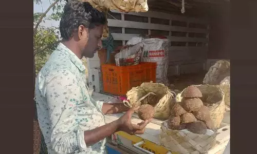 Tamil Nadu का किसान हैदराबाद के बाहरी इलाकों में ताड़ का गुड़ लाया