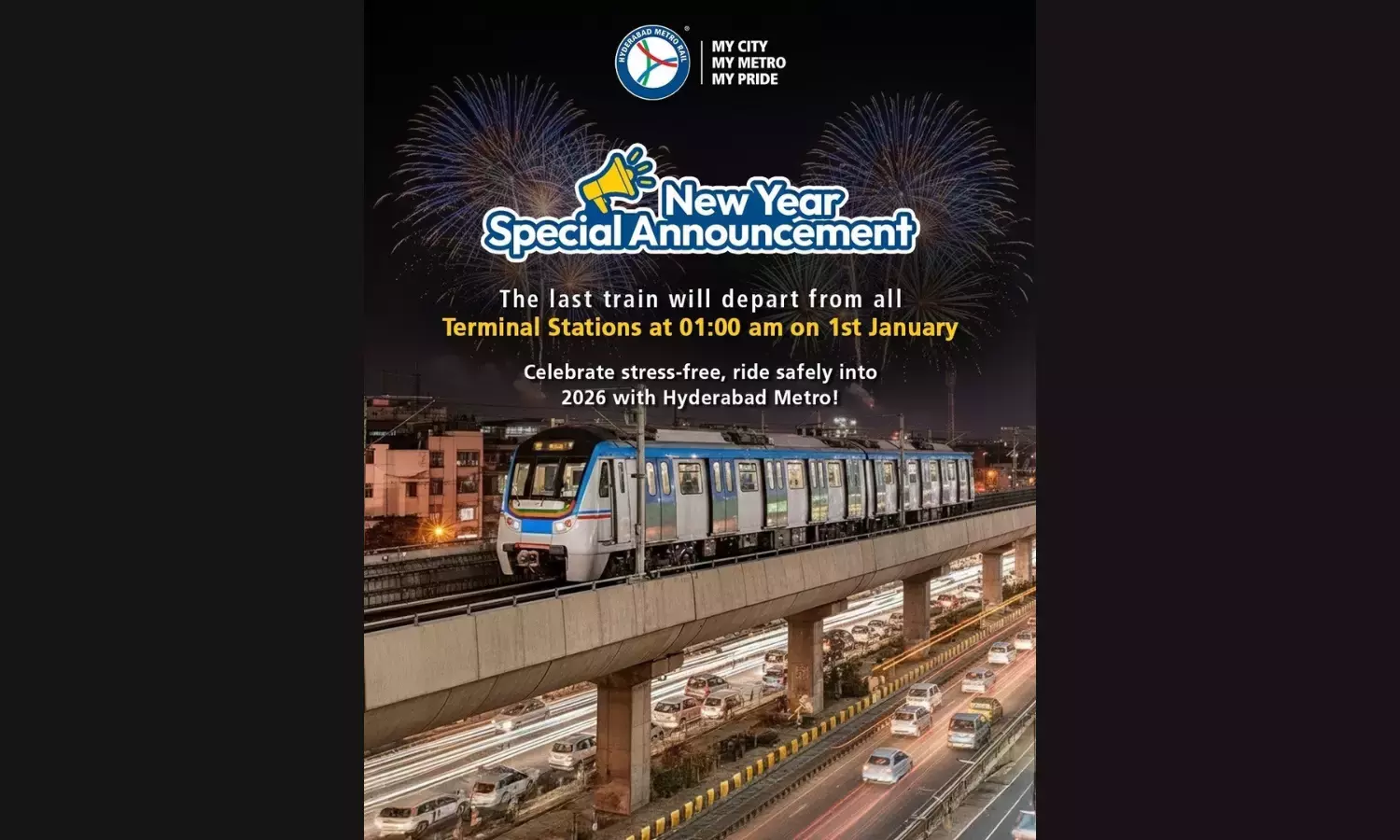 Hyderabad मेट्रो का समय 31 दिसंबर को बढ़ाया गया Hyderabad मेट्रो का समय 31 दिसंबर को बढ़ाया गया
