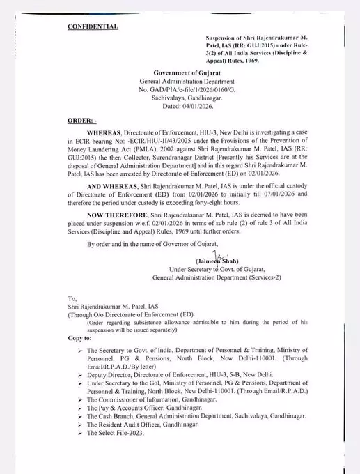 ED गिरफ्तारी के बाद IAS अधिकारी राजेंद्रकुमार पटेल को किया निलंबित ED गिरफ्तारी के बाद IAS अधिकारी राजेंद्रकुमार पटेल को किया निलंबित