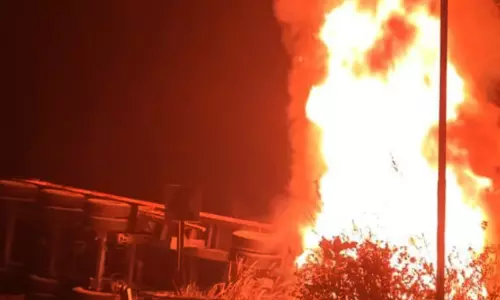 बिजली खंभे से टकराई ट्रेलर गाड़ी, जलकर खाक