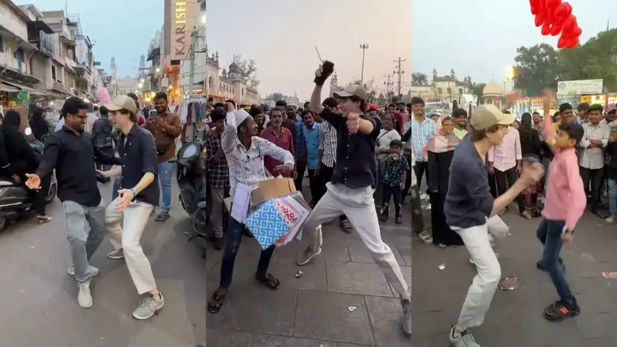 यूरोपियन इन्फ्लुएंसर ने चारमीनार में मार्फा पर लोकल लोगों को डांस कराया यूरोपियन इन्फ्लुएंसर ने चारमीनार में मार्फा पर लोकल लोगों को डांस कराया