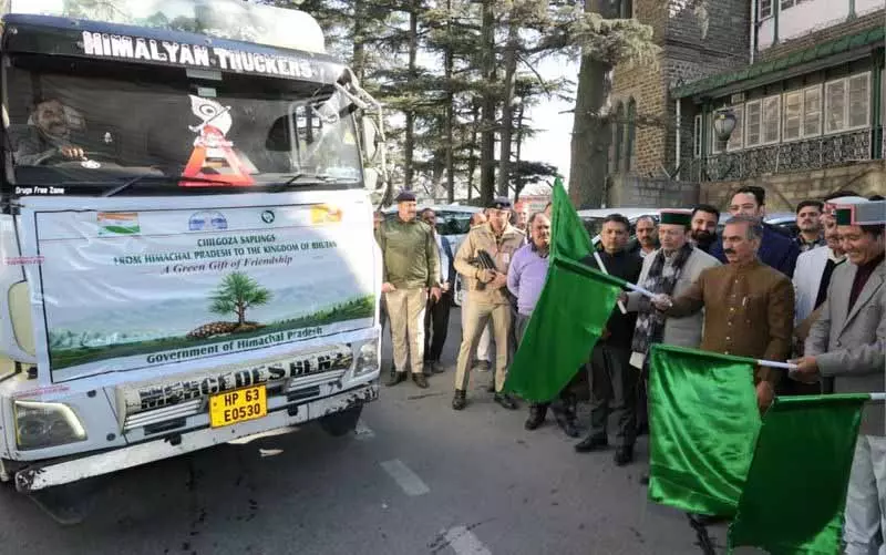 Himachal CM ने चिलगोजा के पौधे भूटान ले जाने वाले वाहन को हरी झंडी दिखाई Himachal CM ने चिलगोजा के पौधे भूटान ले जाने वाले वाहन को हरी झंडी दिखाई