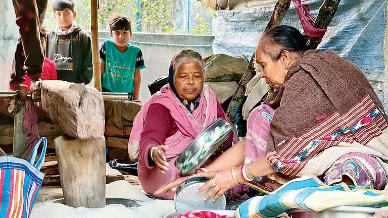 Hooghly के ग्रामीण अब भी पारंपरिक तरीके से धान की कुटाई करते Hooghly के ग्रामीण अब भी पारंपरिक तरीके से धान की कुटाई करते