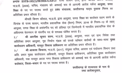 बस्तर को नए कलेक्टर और 2 आईएएस को अतिरिक्त प्रभार