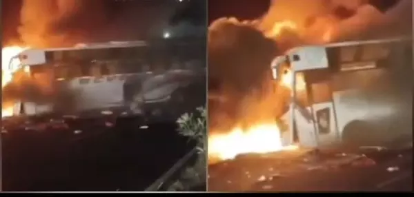 Nandyal में टायर फटने से बस और लॉरी की भीषण टक्कर, तीन लोगों की मौत Nandyal में टायर फटने से बस और लॉरी की भीषण टक्कर, तीन लोगों की मौत