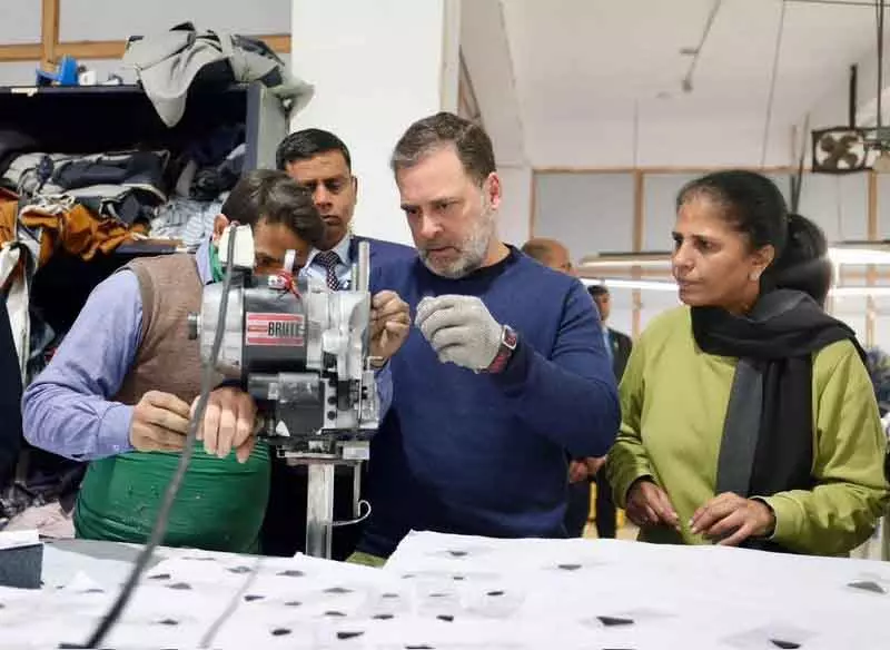 राहुल ने गारमेंट यूनिट का दौरा किया, अमेरिकी टैरिफ से नौकरियों के नुकसान की चेतावनी राहुल ने गारमेंट यूनिट का दौरा किया, अमेरिकी टैरिफ से नौकरियों के नुकसान की चेतावनी