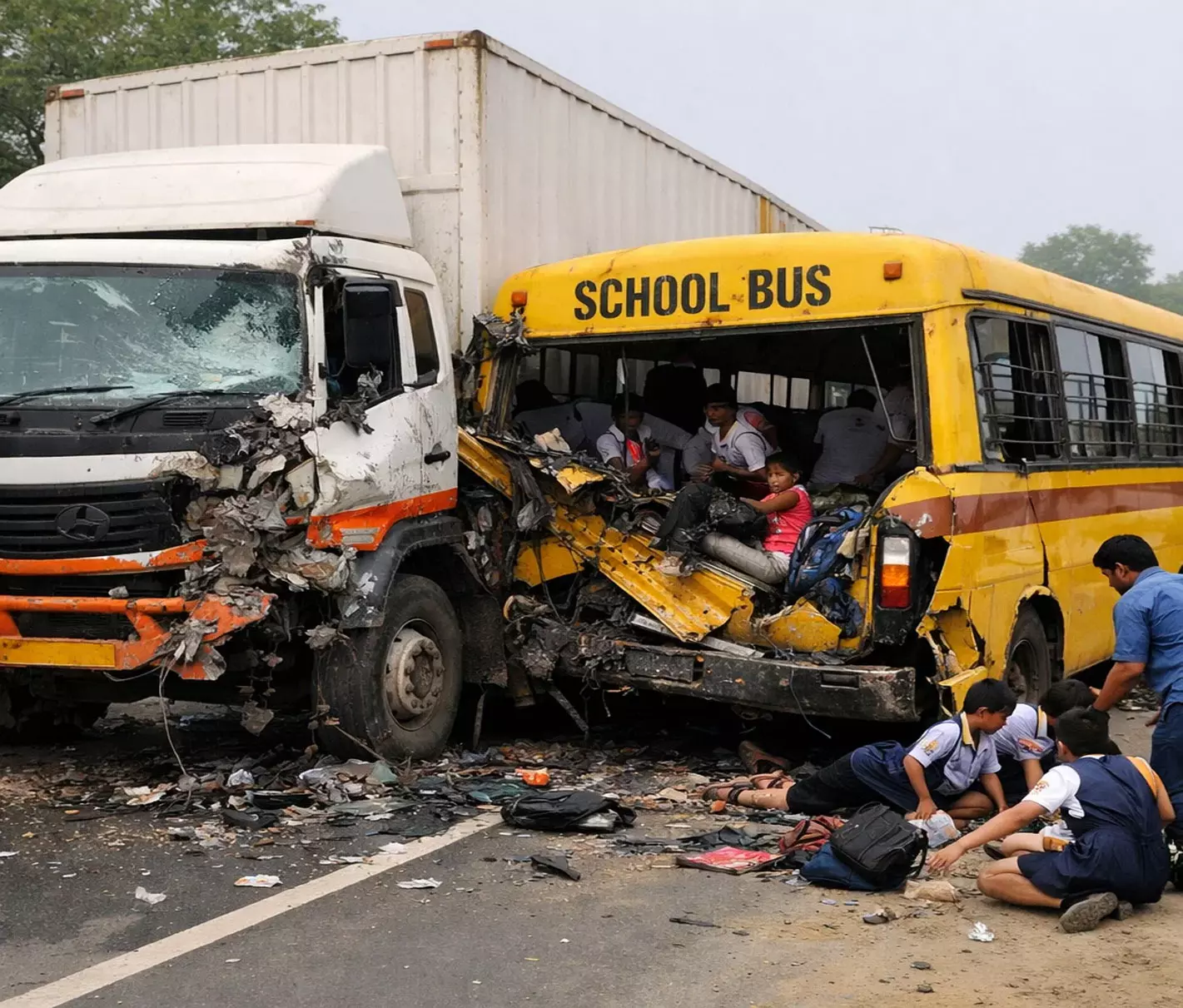 नया रायपुर में स्कूल बस हादसा, तेज रफ्तार ट्रक ने मारी टक्कर नया रायपुर में स्कूल बस हादसा, तेज रफ्तार ट्रक ने मारी टक्कर