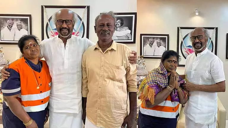 Rajinikanth ने ईमानदार सफाई कर्मचारी पद्मा को सोने की चेन देकर सम्मानित किया Rajinikanth ने ईमानदार सफाई कर्मचारी पद्मा को सोने की चेन देकर सम्मानित किया