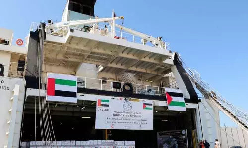 सकर मानवीय जहाज गाजा के लिए 4,000 टन UAE सहायता लेकर अल अरिश बंदरगाह पहुंचा सकर मानवीय जहाज गाजा के लिए 4,000 टन UAE सहायता लेकर अल अरिश बंदरगाह पहुंचा
