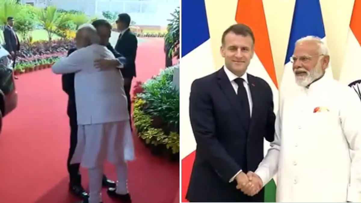 Mumbai: लोक भवन में पीएम मोदी और फ्रांस के राष्ट्रपति ने गर्मजोशी से गले मिलकर हाथ मिलाया Mumbai: लोक भवन में पीएम मोदी और फ्रांस के राष्ट्रपति ने गर्मजोशी से गले मिलकर हाथ मिलाया