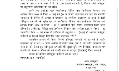रिश्वत लेने का दोषी श्रम निरीक्षक सुरेश कुर्रे बर्खास्त रिश्वत लेने का दोषी श्रम निरीक्षक सुरेश कुर्रे बर्खास्त