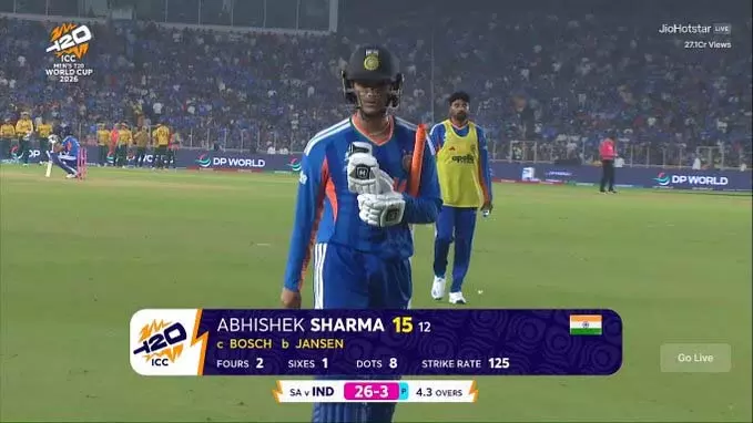 T20 WC 2026 सुपर-8: इंडिया को तीसरा झटका, अभिषेक शर्मा 15 रन पर आउट T20 WC 2026 सुपर-8: इंडिया को तीसरा झटका, अभिषेक शर्मा 15 रन पर आउट
