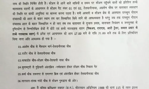 तेलघानी नाका, स्टेशन क्षेत्र में 4 घंटे हल्के मालवाहक वाहनों का प्रवेश और आवागमन पर रोक लगाई गई तेलघानी नाका, स्टेशन क्षेत्र में 4 घंटे हल्के मालवाहक वाहनों का प्रवेश और आवागमन पर रोक लगाई गई