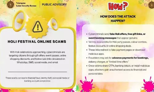 TGCSB ने होली के दौरान बढ़ते ऑनलाइन स्कैम और डिजिटल पेमेंट फ्रॉड की चेतावनी दी TGCSB ने होली के दौरान बढ़ते ऑनलाइन स्कैम और डिजिटल पेमेंट फ्रॉड की चेतावनी दी