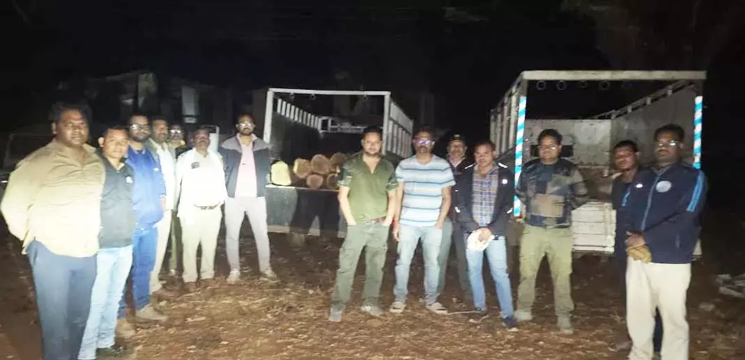 तस्कर फरार, पिकअप से सागौन के लट्ठे जब्त तस्कर फरार, पिकअप से सागौन के लट्ठे जब्त