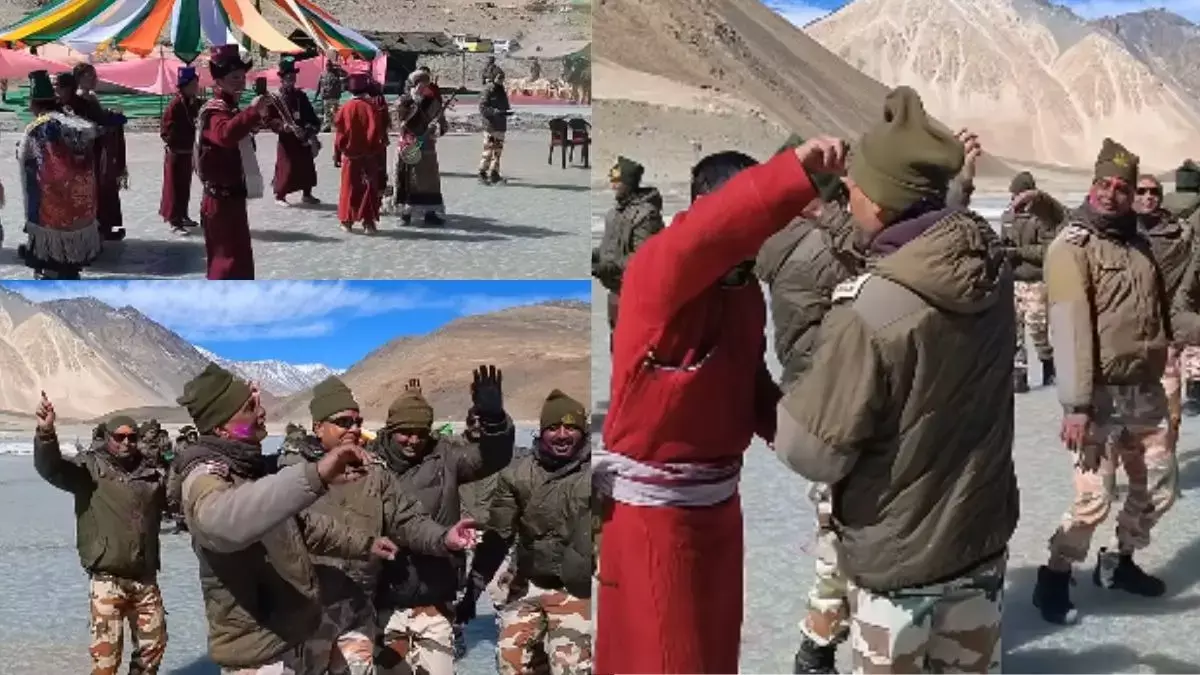 पैंगोंग झील के किनारे ITBP जवानों और ग्रामीणों ने 14,300 फीट की ऊंचाई पर होली मनाई पैंगोंग झील के किनारे ITBP जवानों और ग्रामीणों ने 14,300 फीट की ऊंचाई पर होली मनाई