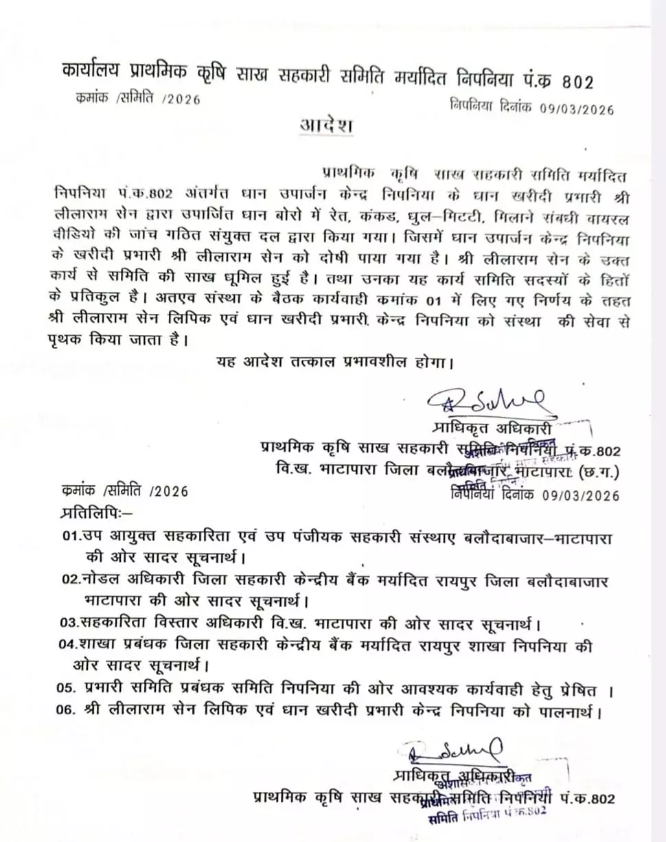 धान में रेत मिलाकर हेराफेरी करने वाला खरीदी केन्द्र प्रभारी बर्खास्त धान में रेत मिलाकर हेराफेरी करने वाला खरीदी केन्द्र प्रभारी बर्खास्त