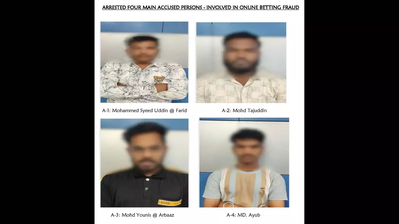 Hyderabad: ऑनलाइन सट्टेबाजी के आरोप में चार लोग गिरफ्तार, एक व्यक्ति से 1.5 करोड़ रुपये की ठगी Hyderabad: ऑनलाइन सट्टेबाजी के आरोप में चार लोग गिरफ्तार, एक व्यक्ति से 1.5 करोड़ रुपये की ठगी
