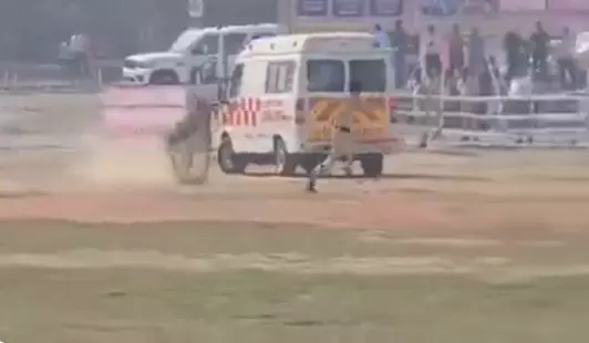 हेलीपैड में घुसे बैल ने पुलिसकर्मी को दौड़ाया, वीडियो हेलीपैड में घुसे बैल ने पुलिसकर्मी को दौड़ाया, वीडियो