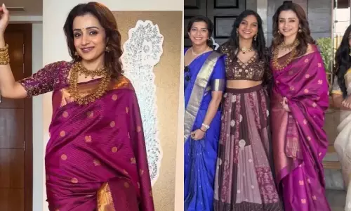 Trisha Krishnan शादी में आर. पार्थिबन की बेटी के साथ नज़र आईं