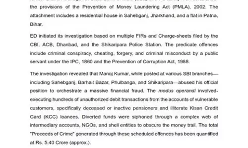 ईडी ने बैंक धोखाधड़ी मामले में पूर्व SBI ब्रांच मैनेजर मनोज कुमार की संपत्तियाँ अटैच की