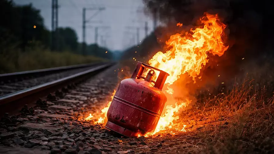 LPG संकट के बीच, कानपुर के पास रेलवे ट्रैक के करीब जलता हुआ सिलेंडर मिला LPG संकट के बीच, कानपुर के पास रेलवे ट्रैक के करीब जलता हुआ सिलेंडर मिला