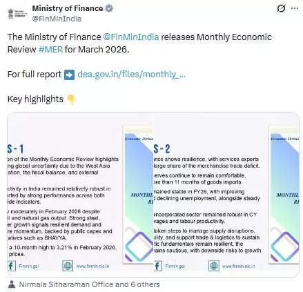 भारत सरकार ने मार्च 2026 के लिए मासिक आर्थिक समीक्षा MER की जारी भारत सरकार ने मार्च 2026 के लिए मासिक आर्थिक समीक्षा MER की जारी