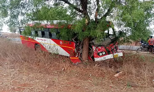 Hagaribommanahalli : ड्राइवर ने बस को पेड़ से टकराया, हादसा टला Hagaribommanahalli : ड्राइवर ने बस को पेड़ से टकराया, हादसा टला