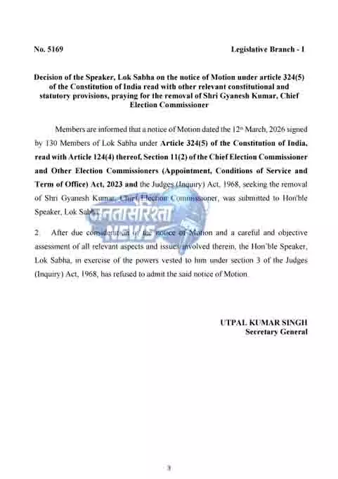 लोकसभा स्पीकर का बड़ा फैसला, CEC के खिलाफ लाया गया प्रस्ताव नामंजूर लोकसभा स्पीकर का बड़ा फैसला, CEC के खिलाफ लाया गया प्रस्ताव नामंजूर