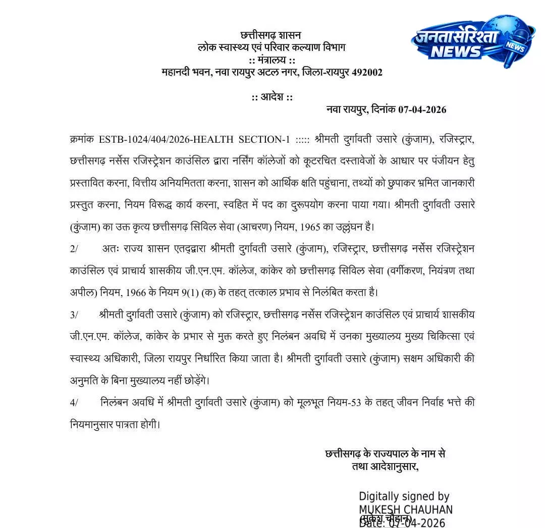 स्वास्थ्य विभाग ने छत्तीसगढ़ निर्सिंग कउंसिल की रजिस्ट्रर को किया सस्पेंड स्वास्थ्य विभाग ने छत्तीसगढ़ निर्सिंग कउंसिल की रजिस्ट्रर को किया सस्पेंड