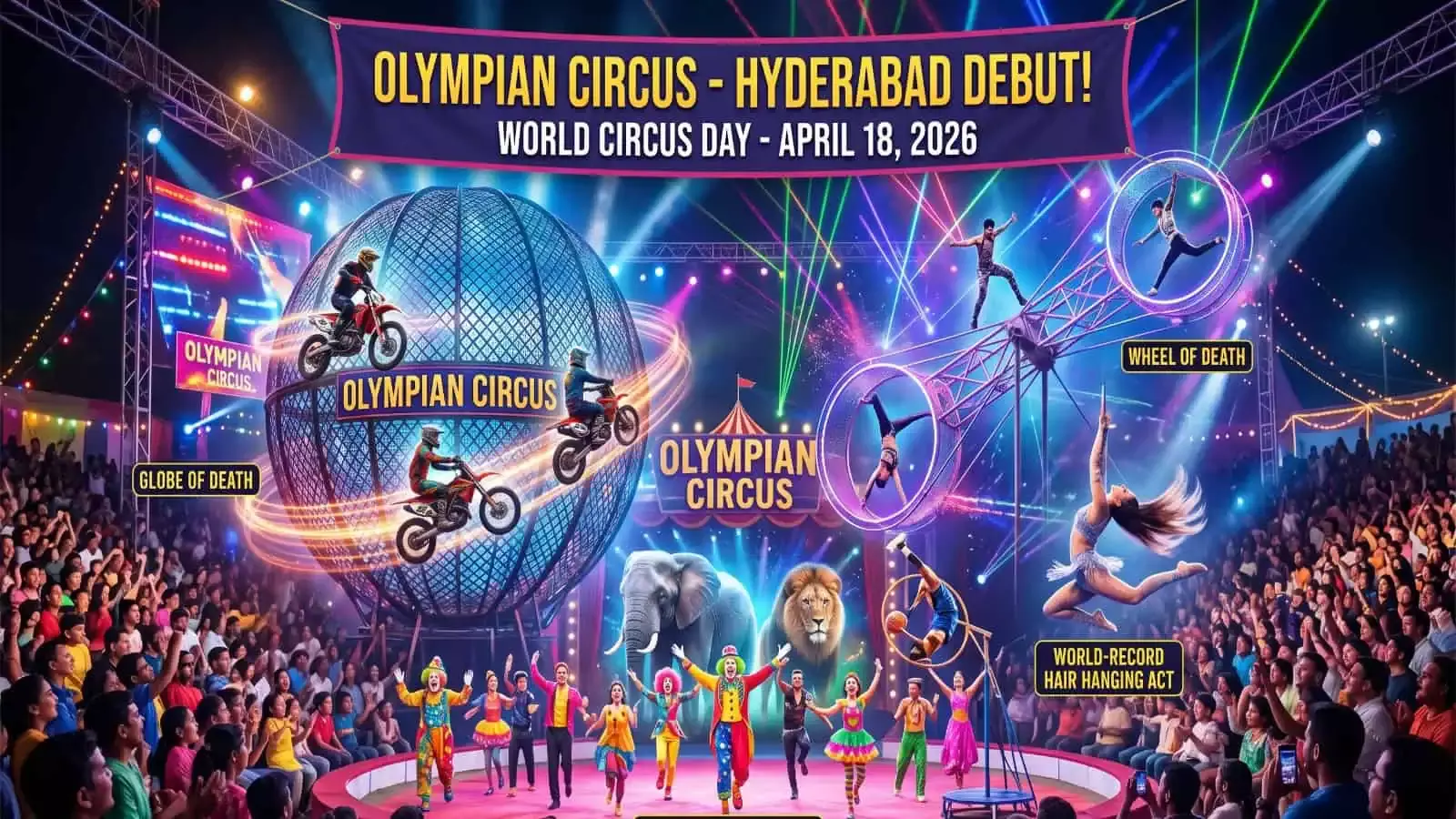 वर्ल्ड सर्कस डे 2026: हैदराबाद में ओलंपियन सर्कस का ग्रैंड डेब्यू वर्ल्ड सर्कस डे 2026: हैदराबाद में ओलंपियन सर्कस का ग्रैंड डेब्यू