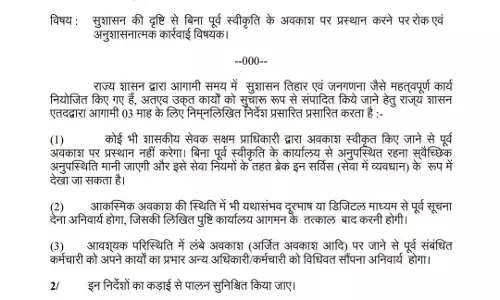 साय सरकार ने कर्मचारियों की छुट्टियों पर रोक लगाई, सुशासन तिहार और जनगणना को देखते हुए निर्णय साय सरकार ने कर्मचारियों की छुट्टियों पर रोक लगाई, सुशासन तिहार और जनगणना को देखते हुए निर्णय