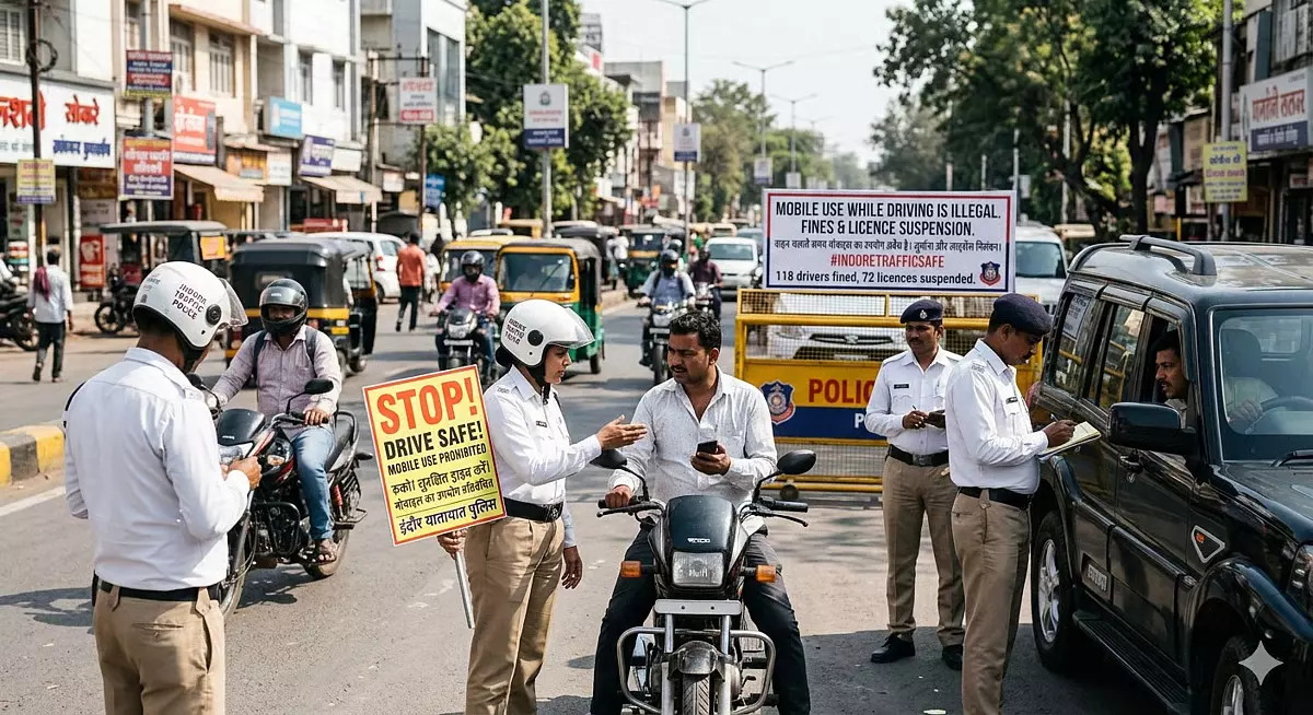 Indore : गाड़ी चलाते समय फोन का इस्तेमाल करने पर 118 ड्राइवरों पर जुर्माना, 72 के लाइसेंस रद्द Indore : गाड़ी चलाते समय फोन का इस्तेमाल करने पर 118 ड्राइवरों पर जुर्माना, 72 के लाइसेंस रद्द
