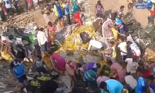 Mumbai-अहमदाबाद हाईवे पर आम से भरा टेम्पो पलटा, सड़क पर बिखरे फल लूटने की मची होड़