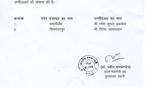 नगरीय निकाय चुनाव 2026, बीजेपी ने की नगर पंचायत अध्यक्ष के लिए उम्मीदवारों की घोषणा नगरीय निकाय चुनाव 2026, बीजेपी ने की नगर पंचायत अध्यक्ष के लिए उम्मीदवारों की घोषणा