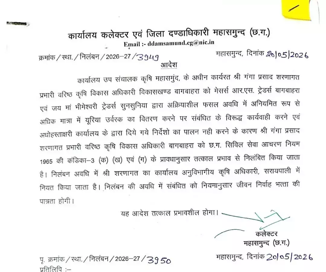 महासमुंद के 2 बड़े अफसर सस्पेंड, कार्य में लापरवाही की मिल रही थी शिकायत महासमुंद के 2 बड़े अफसर सस्पेंड, कार्य में लापरवाही की मिल रही थी शिकायत