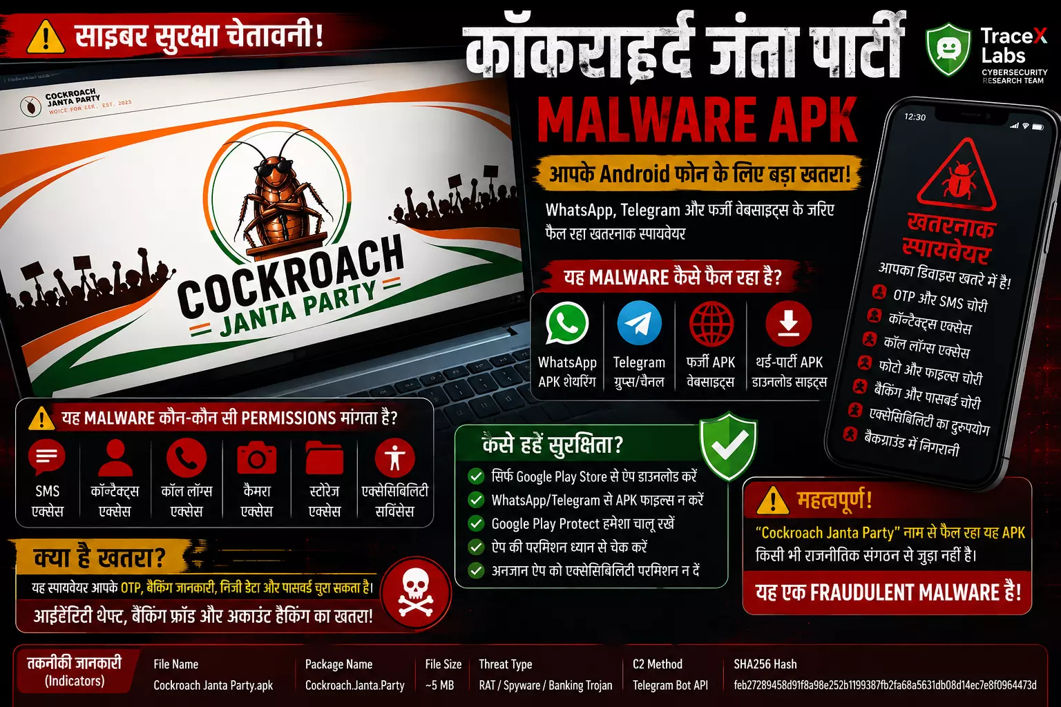 TraceX Labs ने “Cockroach Janta Party” Android Malware का किया खुलासा, भारतीय यूजर्स के लिए बड़ा खतरा TraceX Labs ने “Cockroach Janta Party” Android Malware का किया खुलासा, भारतीय यूजर्स के लिए बड़ा खतरा