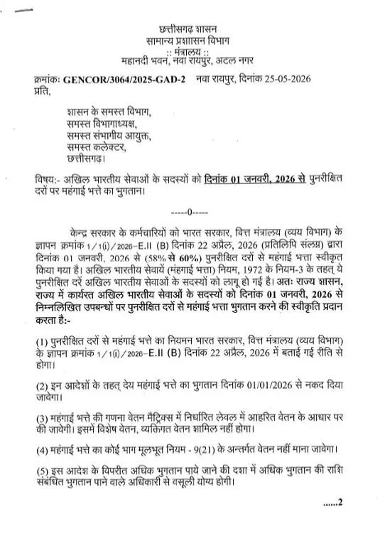 छत्तीसगढ़ में IAS, IPS और IFS के लिए 2% डीए भुगतान का आदेश जारी छत्तीसगढ़ में IAS, IPS और IFS के लिए 2% डीए भुगतान का आदेश जारी
