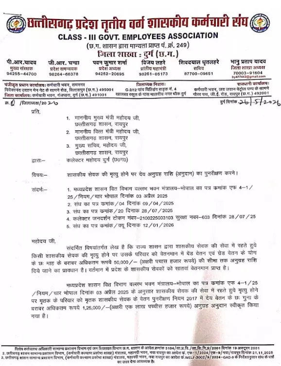 सरकारी कर्मचारी की मौत होने पर मिलने वाली अनुग्रह राशि में वृद्वि की मांग सरकारी कर्मचारी की मौत होने पर मिलने वाली अनुग्रह राशि में वृद्वि की मांग