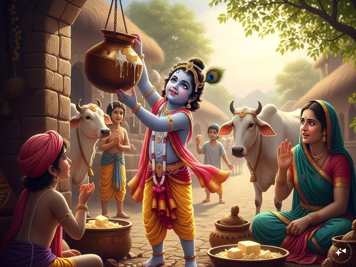 श्रीकृष्ण की माखन चोरी लीला: नटखट बाल स्वरूप में छिपा गहरा आध्यात्मिक संदेश श्रीकृष्ण की माखन चोरी लीला: नटखट बाल स्वरूप में छिपा गहरा आध्यात्मिक संदेश