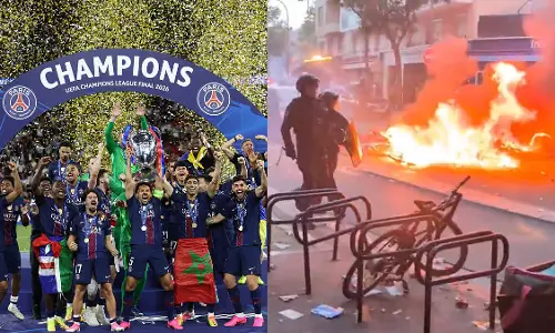 PSG की चैंपियंस लीग जीत के बाद पेरिस में जश्न और झड़पें, सुरक्षा बलों से भिड़े समर्थक PSG की चैंपियंस लीग जीत के बाद पेरिस में जश्न और झड़पें, सुरक्षा बलों से भिड़े समर्थक
